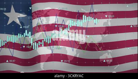 Displaying financial chart overlaying US flag with candlesticks, line graphs, world map, timecodes Stock Photo