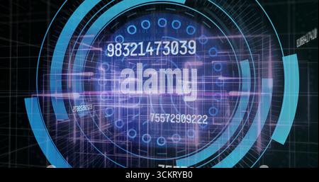 Rotating HUD interface within dark grid space, displaying numeric sequences and binary digits Stock Photo