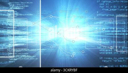 Displaying glowing network map flowing in cyberspace, with data nodes, neon lines, code windows Stock Photo