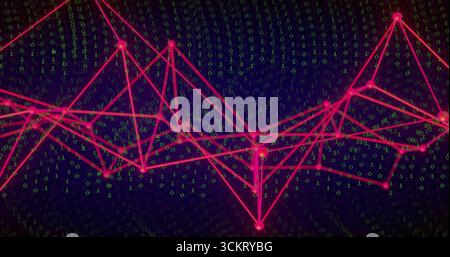 Glowing red-pink network of nodes and lines floating over navy data space, with green binary digits Stock Photo
