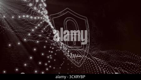 Glowing dotted shield forming in dark matrix, with padlock icon, particle wave and light streaks Stock Photo
