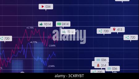 Displaying chart on analytics dashboard, featuring red and blue line graphs with social media icons Stock Photo