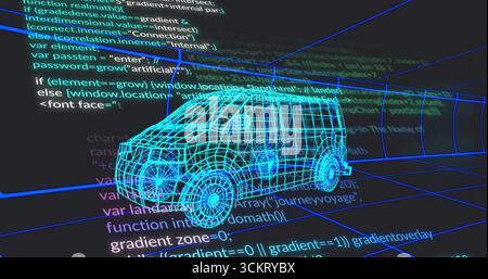 Rendering bright cyan 3D van wireframe in modeling interface with code axis guides and grid lines Stock Photo