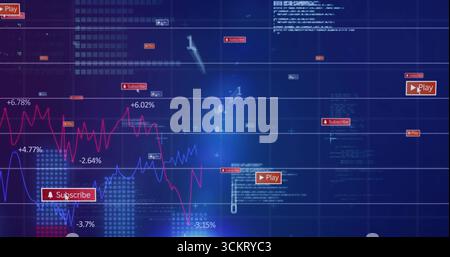 Displaying virtual dashboard showing red blue line charts with % labels plus subscribe play icons Stock Photo