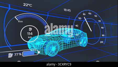 Displaying neon blue wireframe car model moving through grid tunnel, with Eco meter and speedometer Stock Photo