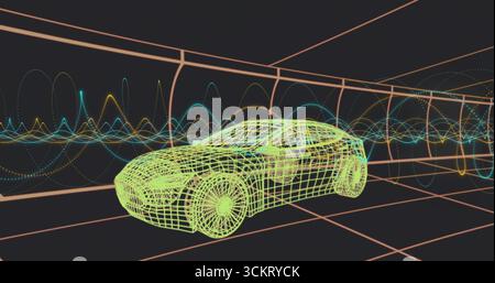 Displaying neon green wireframe car model rotating in neon grid tunnel, with colorful waveforms Stock Photo