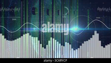 Displaying bar charts rising on data panel, with waveform, glowing flare, grid overlay, year labels Stock Photo