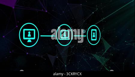 Connecting teal desktop, laptop and smartphone icons with network mesh in abstract space Stock Photo
