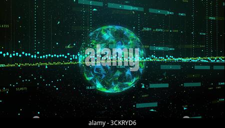 Floating faceted sphere pulsing in data scene, with circular data wave, data overlays and streams Stock Photo