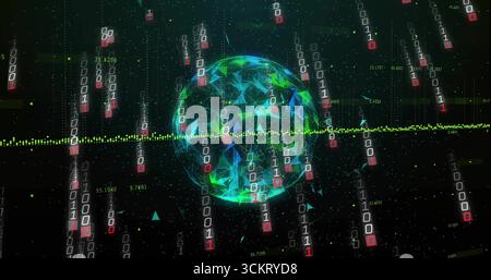Spinning data globe in dark grid, streaming binary code, neon green waveform, floating data points Stock Photo