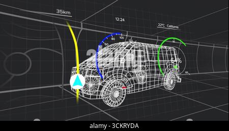 Displaying 3D wireframe SUV model in dark grid, with navigation path, temperature and battery gauge Stock Photo