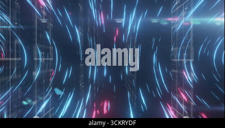 Streaming holographic grid panels forming virtual tunnel, with neon blue arcs and pink streaks Stock Photo