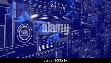 Displaying semi-transparent data panels and line charts in dark blue grid space, with glowing nodes Stock Photo