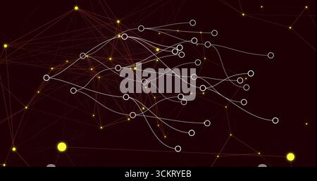 Displaying network linking white nodes in dark burgundy with glowing yellow points and gray lines Stock Photo