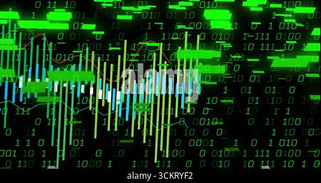 Displaying candlestick chart bars with red trend line on digital interface, binary digits streaming Stock Photo