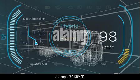 Displaying wireframe truck model in 3D grid tunnel with mode selector speedometer, navigation arrow Stock Photo