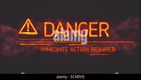 Displaying hazard icon and DANGER text on alert banner with IMMEDIATE ACTION REQUIRED, glitch lines Stock Photo
