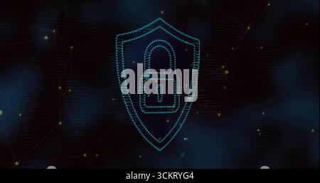 Glowing turquoise dotted shield floating in virtual network lines, with padlock icon and data nodes Stock Photo