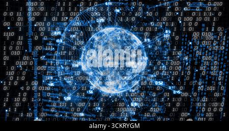 Displaying glowing blue digital globe streaming binary code in virtual network, with network lines Stock Photo