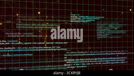 Displaying network graph on monitor with green grid, yellow nodes with golden lines, code snippets Stock Photo