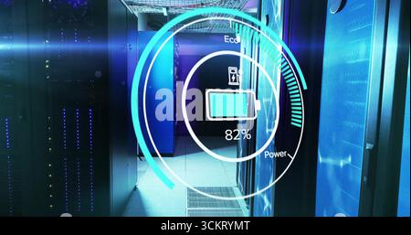 Hovering circular battery gauge showing 82% in data center aisle, with mesh racks, LED lights Stock Photo
