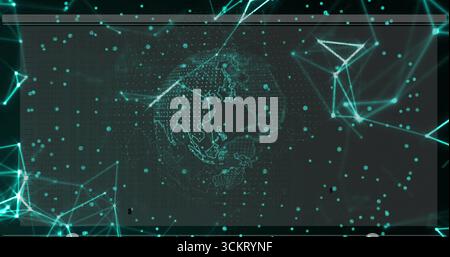 Displaying Asia-focused dotted wireframe globe at network interface, with teal nodes, data points Stock Photo