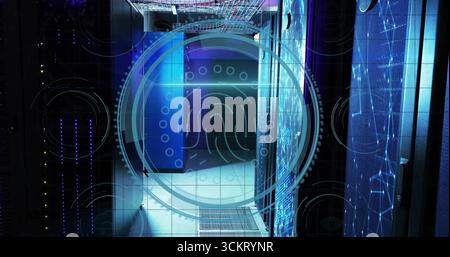Displaying fingerprint hologram hovering over data center, showing server racks, LED lights, cables Stock Photo