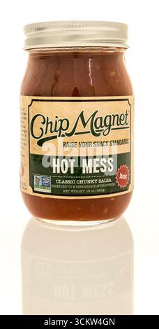Winneconne, WI - 22 August 2025: A jar of Chip magnet salsa on an isolated background. Stock Photo