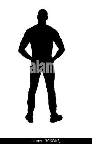 silhouette of   back view of a man standing with his hands in his pockets on white background Stock Photo