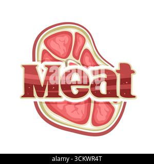 Vector logo for Raw Meat, decorative sign board with cartoon design slice of veal raw meat for butcher shop and unique brush lettering for red text me Stock Vector