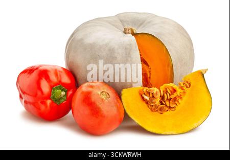 sliced grey pumpkin vegetable mix path isolated on white Stock Photo