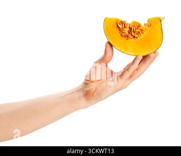sliced grey pumpkin in hand path isolated on white Stock Photo