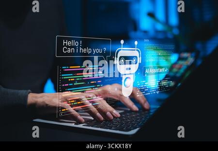 AI coding assistant for software development concept. Machine Learning Code, Programmer use laptop with code and AI robot represent ai Stock Photo