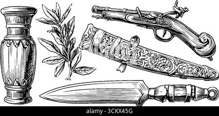 Set of baroque hunting musket and persian decorative artifacts for historical display. Stock Vector