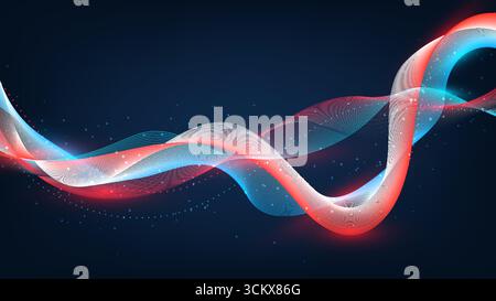 abstract glowing red and blue light waves on dark background with bright particles evoking modern technology data communication energy Stock Vector