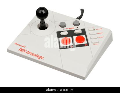 The NES Advantage, a video game controller for the NES console, was made by Nintendo and released in 1987 Stock Photo