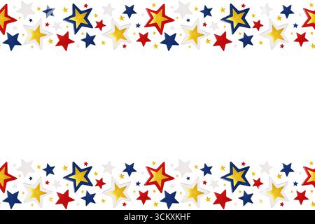Colorful seamless border frame with red, blue, gold and white glitter stars on white background. Stock Photo