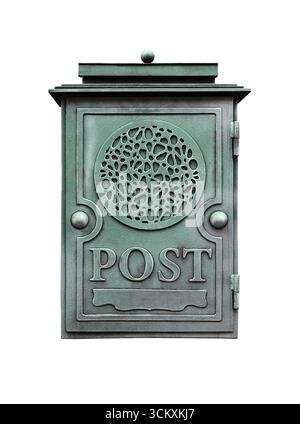 Wall mounted vintage metal mailbox isolated on white background. Stock Photo