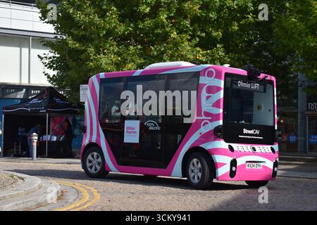 Driverless bus on the road outside Midsummer Place shopping centre in Milton Keynes. Stock Photo