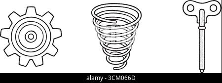 A clean row of mechanical and motion symbols including a cog a tornado spiral and a classic wind up key Stock Vector