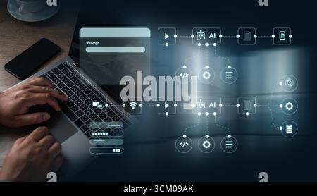 Artificial intelligence coding and automation concept with digital icons, workflow, and AI chatbot visualization, shown over hands typing on laptop fo Stock Photo