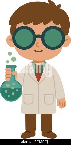 A curious child scientist wearing oversized goggles and a white coat holding a green bubbling beaker in a friendly cartoon style Stock Vector