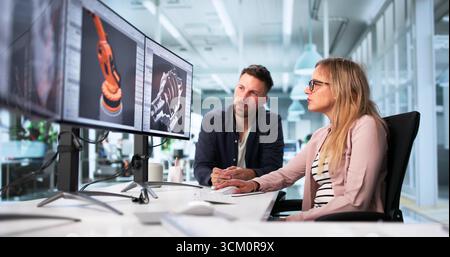 Mastering 3D CAD Modeling Software, A Mechanical Engineer Designs Machines. A Woman Uses Advanced CAD Software Stock Photo