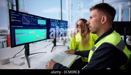 Engineer Operating An Industrial Data Automation System On A Computer. Stock Photo