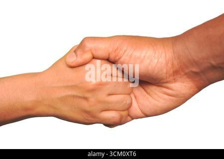 Two hands holding each other isolated on white background Stock Photo