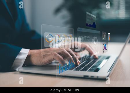 Businessman typing on laptop with AI agents holographic interface. Artificial intelligence for data analytics, automation, digital transformation and Stock Photo