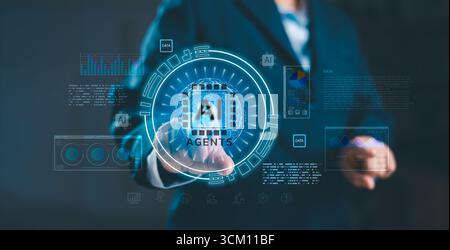 Businessman using AI agents with futuristic data interface. Artificial intelligence technology for analytics, automation, digital transformation and i Stock Photo