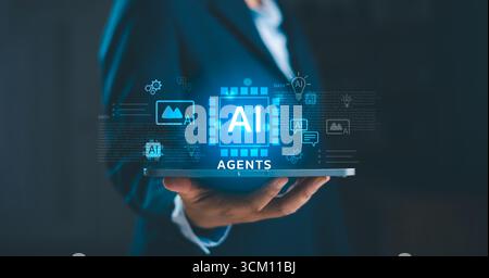 Futuristic concept of AI agents and digital transformation. Businessman holding tablet with artificial intelligence technology, innovation, automation Stock Photo