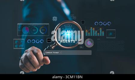 Businessman analyzing AI agents with magnifying glass and data dashboard. Artificial intelligence for analytics, automation, digital transformation an Stock Photo