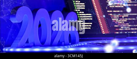 Glowing 2026 in front of computer screen with code and abstract digital network overlay, representing the future of software development. Stock Photo